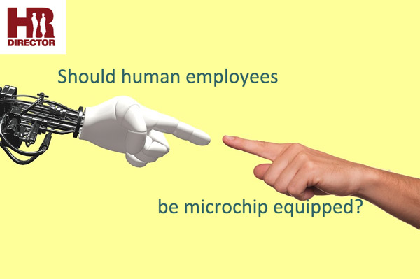A robot arm and a human arm reach out to touch to symbolize chip-based HR automation