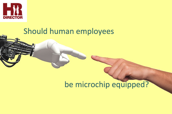 A robot arm and a human arm reach out to touch to symbolize chip-based HR automation A robot arm and a human arm reach out to touch to symbolize chip-based HR automation