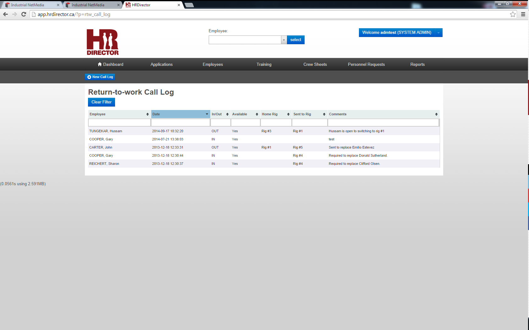 HR Director Call Log Tracking Screenshot with Personnel Shift notes