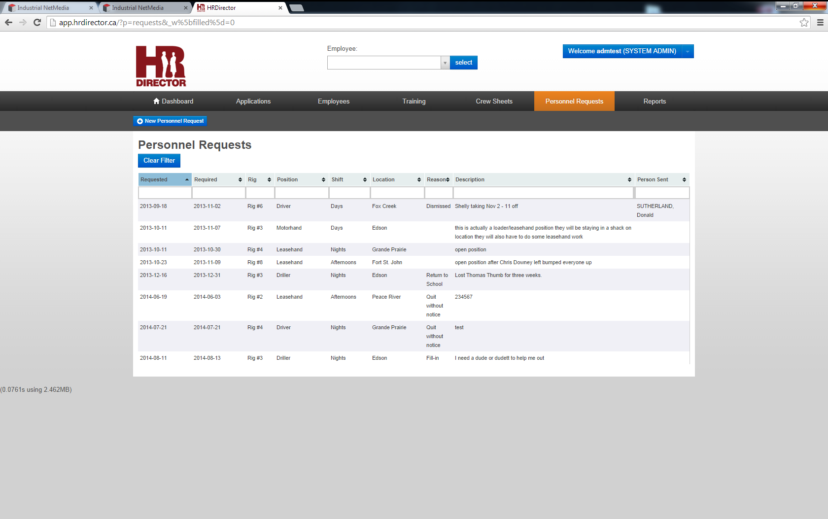 HR Director Personnel Request List Personnel Requests and Date Conflicts