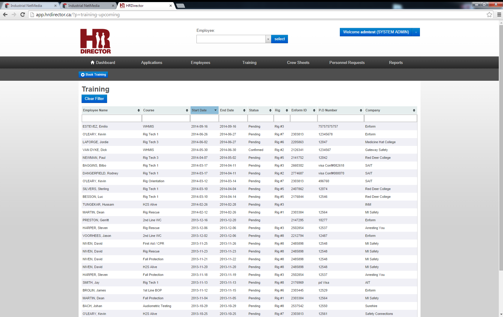 HR Director Training List Screenshot with training and certification information